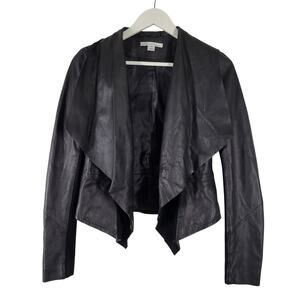 Kenneth Cole Genuine Leather Jacket Blazer Womens XS P Black Waterfall Front